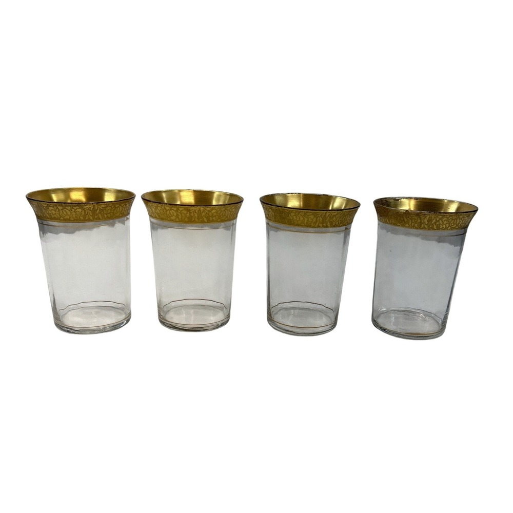 Vintage Glass Tumblers Gold Encrusted‎ Floral Etched Set of 4 Clear Gold MCM 4"